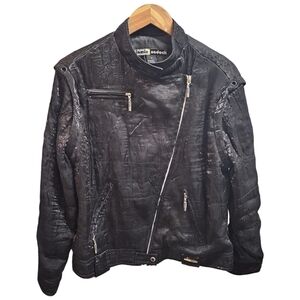 Jamie Sadock Black Crinkle Reflective Zip Front Moto Jacket Size Medium Rayon